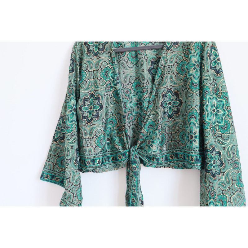 Green and golden floral bohemian wrap blouse