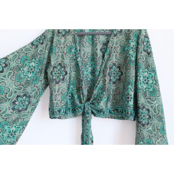 Green and golden floral bohemian wrap blouse