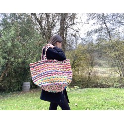 Colorful hand knotted jute tote bag
