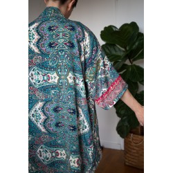 Kimono court blanc et turquoise