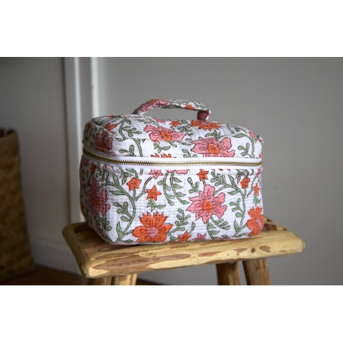 Trousse de toilette type vanity fleurs orange rose