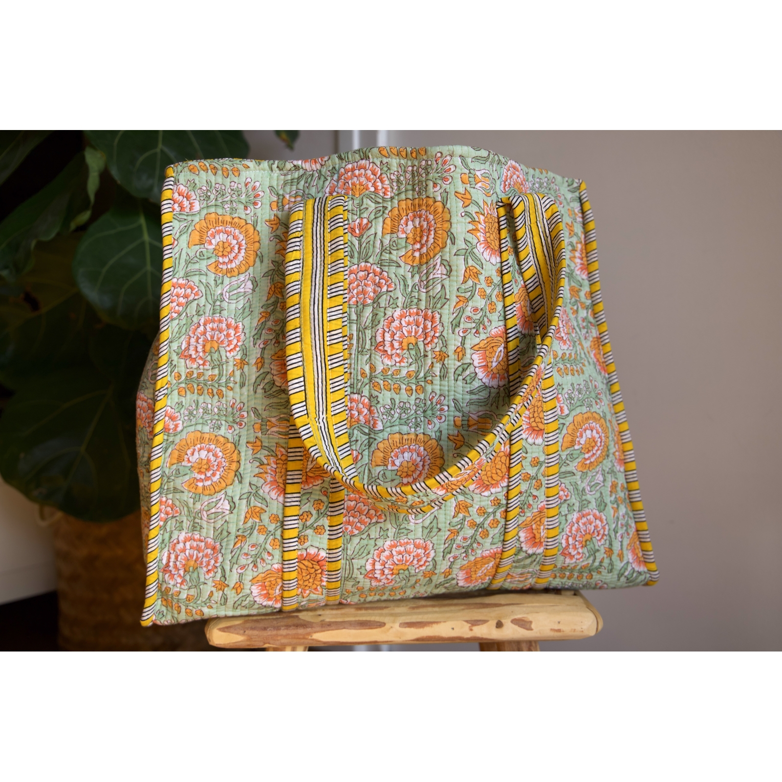 Sac cabas en coton matelassé jaune et vert