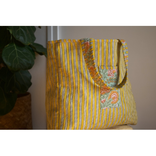 Sac cabas en coton matelassé jaune et vert