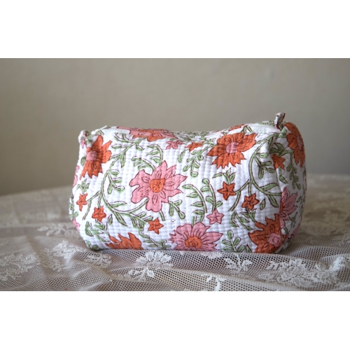 Trousse de toilette matelassée fleurs orange et rose