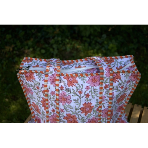 Sac cabas en coton à fleurs oranges avec fermeture éclair