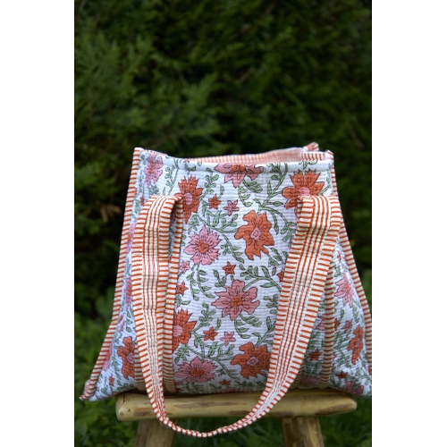 Sac cabas en coton matelassé fleuris blanc orange rose