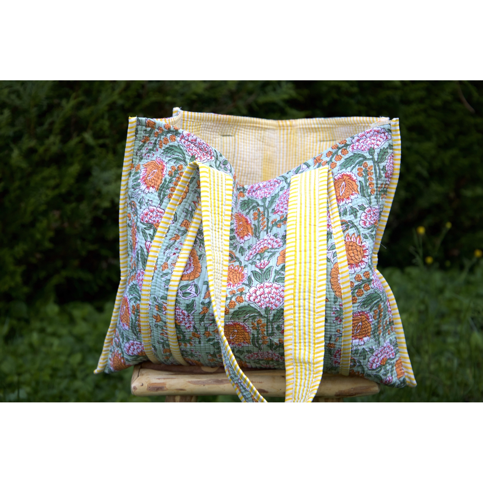 Maxi tote bag flower green and yellow
