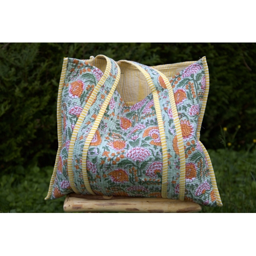 Maxi tote bag flower green and yellow