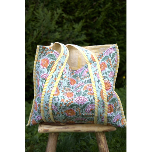Maxi tote bag flower green and yellow