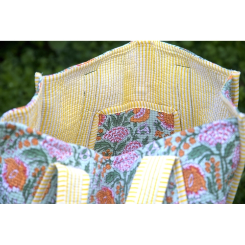 Maxi tote bag flower green and yellow