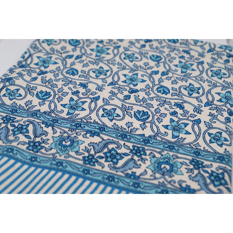 Nappe carrée nappe 180 x 180 cm 220 x 220 Nappe indienne en bloc imprimé  Coton haut de gamme motif floral Bleu et blanc -  France
