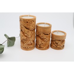 Set of 3 Hand carved wooden candle holder